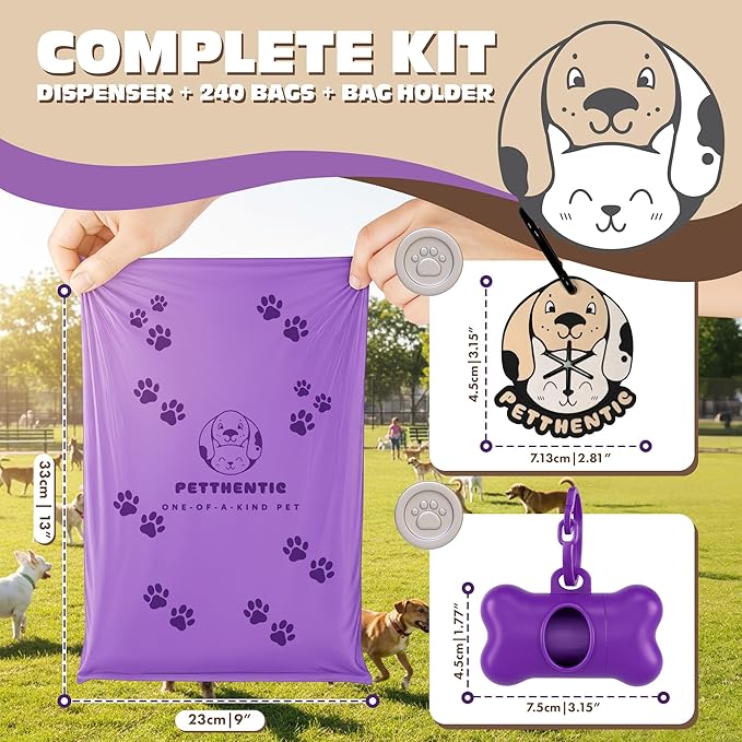 PETTHENTIC Biodegradable Dog Poop Bags with Leash Holder & Dispenser, 240 Count - Lavender Scented, Extra Thick Leak-Proof Cornstarch Waste Bags for Dogs, 16 Rolls, Eco-Friendly Compostable