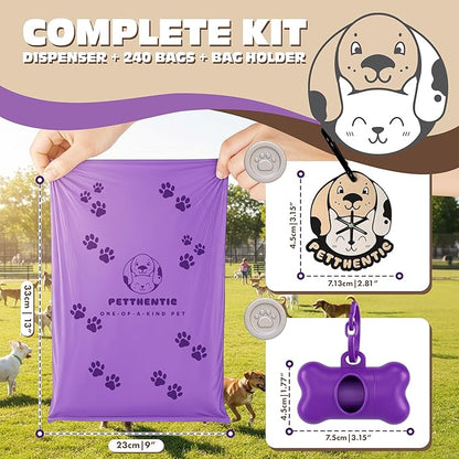 PETTHENTIC Biodegradable Dog Poop Bags with Leash Holder & Dispenser, 240 Count - Lavender Scented, Extra Thick Leak-Proof Cornstarch Waste Bags for Dogs, 16 Rolls, Eco-Friendly Compostable