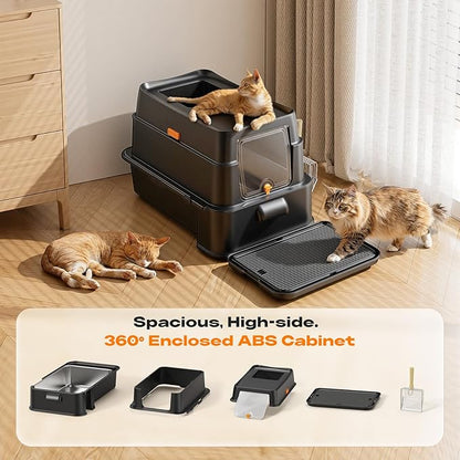 HTii-ë® XXL Stainless Steel Cat Litter Box with Drawer, Extra Large Box for Cats, Enclosed Metal Kitty Litter Box with Litter Scooper, Odor-Urine-Proof, Non-Sticky, Easy Rinse Cleaning