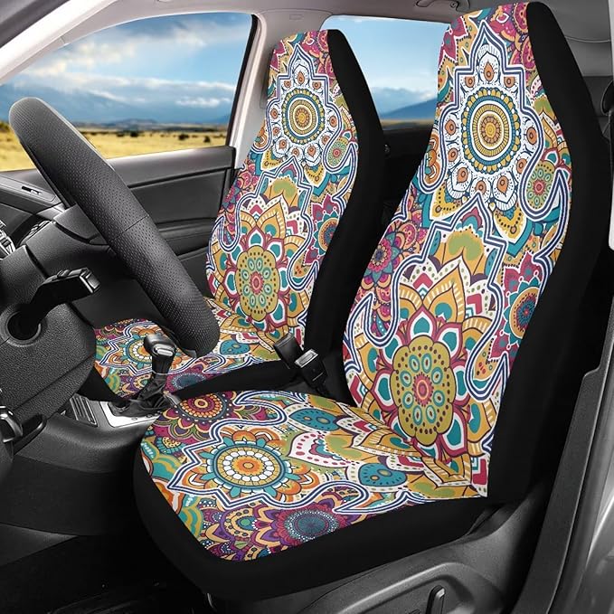 Dreaweet Boho Car Seat Covers Front Seats Mandala Lotus Flower Car Accessories for Women Interior 2 Piece Washable Universal Seat Covers for Cars SUV Sedan Easy to Install