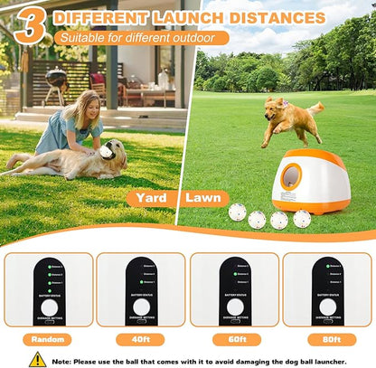 Automatic Ball Launcher for Dogs, Dog Ball Thrower with 40-60-80Ft Distance, Rechargeable Automatic Launcher with 4 Balls (2.5"), Remote Control Launcher for Medium & Large