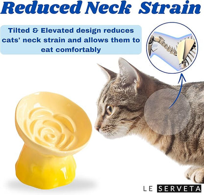 Elevated Ceramic Cat Bowl, Tilted Slow Feeder Pet Dish with Gradient Color Coating, 3.3 Ounces Capacity, Anti-Gulping Design with Rose Bouquet Design (Gradient Yellow)