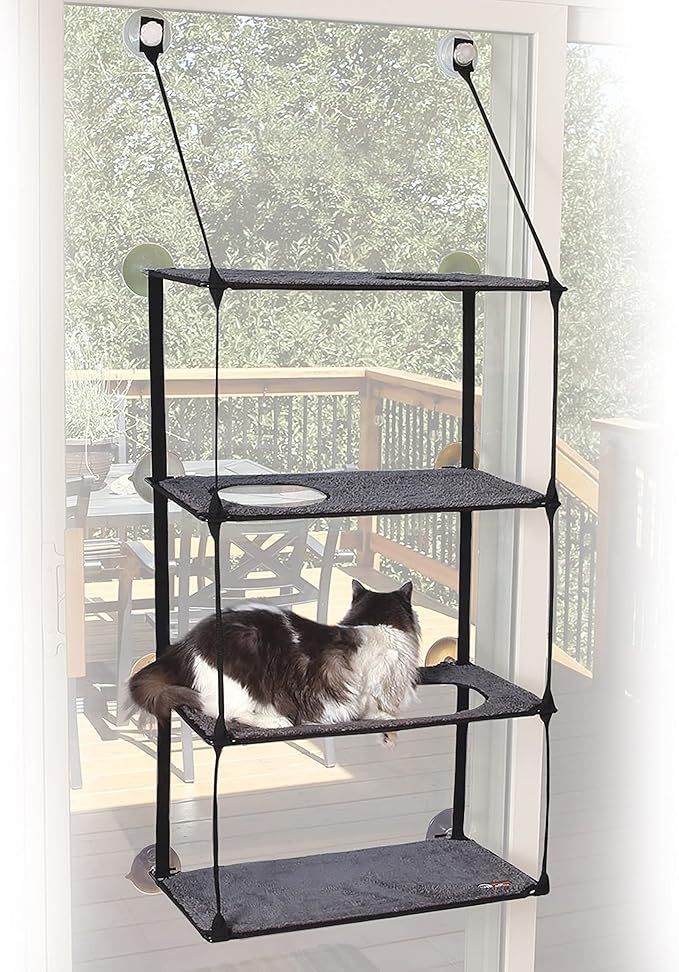 K&H Pet Products EZ Mount Quad Stack Cat Window Perch for Large Cats, Sturdy Window Hammock Bed, Steel Frame, Sturdy Suction Cups, 4 Washable Shelf Covers, Foldable - Fits 27" W X 59" H Glass Spaces