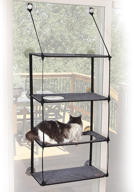K&H Pet Products EZ Mount Quad Stack Cat Window Perch for Large Cats, Sturdy Window Hammock Bed, Steel Frame, Sturdy Suction Cups, 4 Washable Shelf Covers, Foldable - Fits 27" W X 59" H Glass Spaces