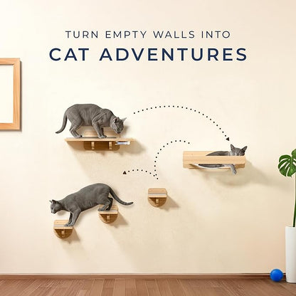 Space-Saving Cat Wall Shelves – Interactive Cat Wall Climber with Hammock & Dog Proof Feeding Station for Small & Medium Indoor Breeds – Solid Natural Wood with Beige Carpet