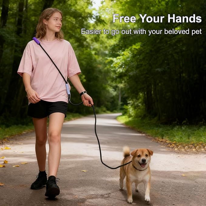 Hands Free Dog Leash, Adjustable Waist Leash with Car Seatbelt & Reflective Strips, for Jogging Hiking, Includes Poop Bag Pack, Black Purple