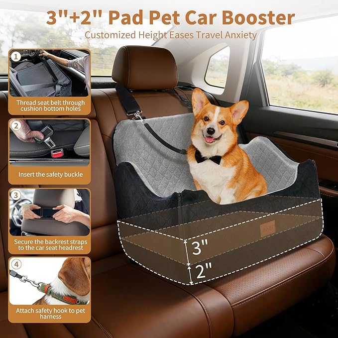 XEEP Dog Car Seat for Medium/Large Dogs Up to 55 lbs – Dog Booster Seat with Memory Foam, 2 Height-Adjust Cushions Bonus Urine Pad & Blanket Safety Leashes, Removable Washable Cover (Black/Grey)