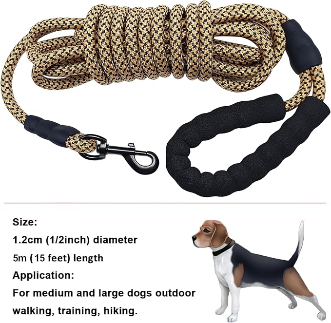 MayPaw Heavy Duty Rope Dog Leash, 6/8/10/15/20FT Long Dog Lead Nylon Pet Leash, Soft Padded Handle Thick Lead Leashes for Large Medium Dogs (Brown, 1/2" * 15')