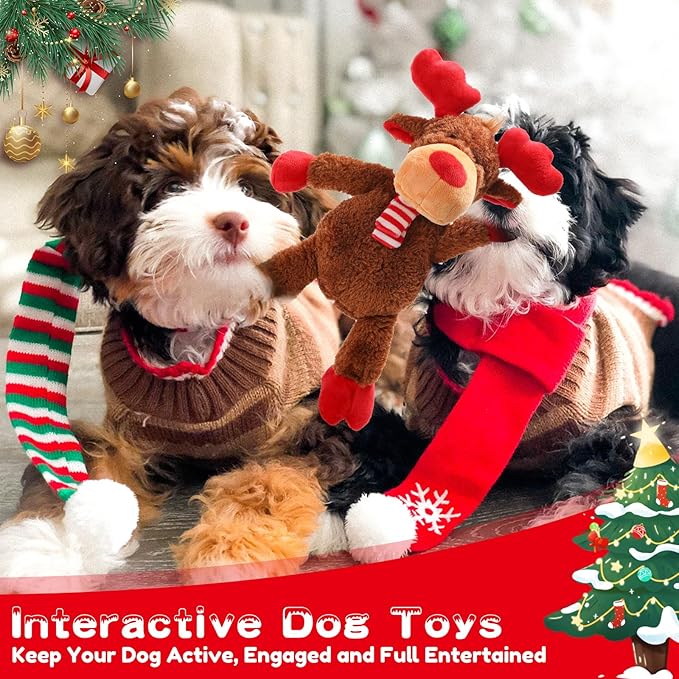 Christmas Dog Toys, Squeaky Dog Toys with Crinkle Paper, Plush Reindeer Toys, Interactive Stuffed Chew Toys, Gifts for Puppy, Small, Medium, Large Dogs