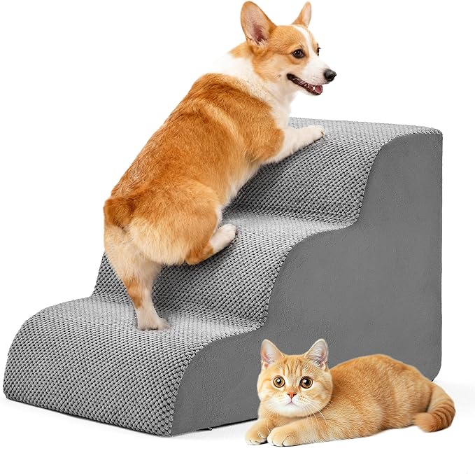 DUMOS Dog Stairs Ramp for Small Dogs and Cats, 3-Step Curved Pet Dog Steps with High-Density Foam for Puppy and Older Cats, Indoor Non-Slip Pet Ladder Ramp Stairs for Couch, High Beds, Sofa, Car, Grey