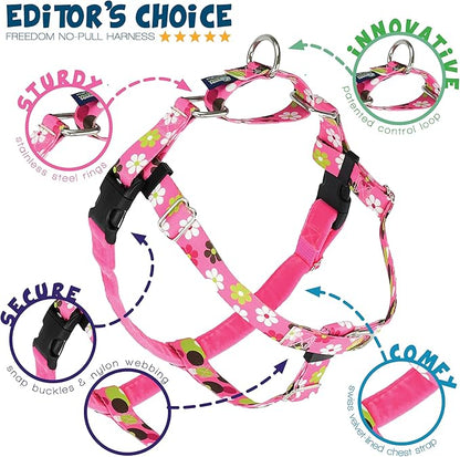 2 Hounds Design - Freedom No-Pull Harness & Training Leash in Pink Daisy | Dual Leash Loops, No Pulling on Walks | Lined to Prevent Chaffing | for Small Sized Dogs (Size S, Chest 20”- 24”)