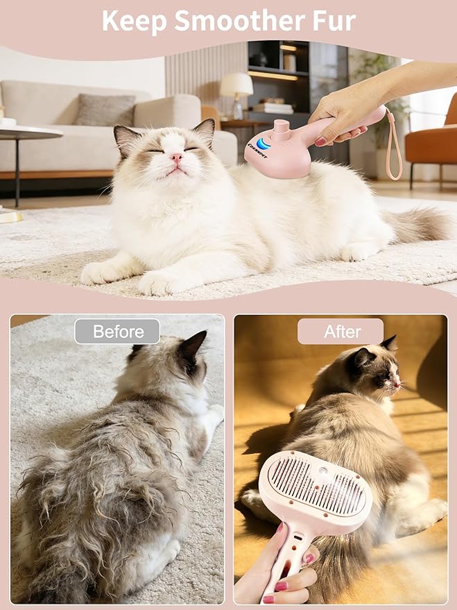 Dog Steam Brush Self Cleaning 3 in 1 Cat Steam Brush for Hair Shedding Massaging Grooming,Reducing Flying Fur & Static,Spray Comb with Storage String for Long Short Haired Furry Pets - Pink