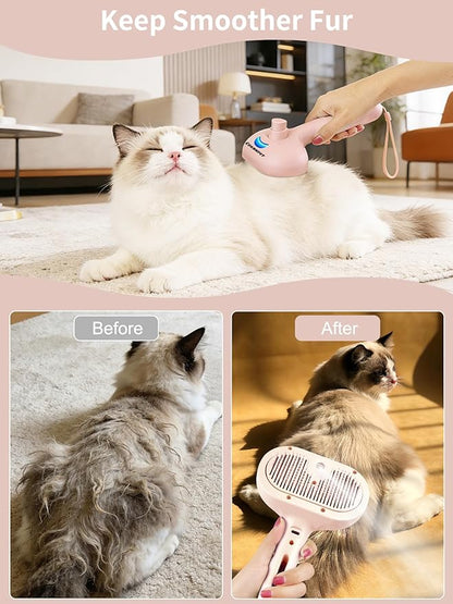 Dog Steam Brush Self Cleaning 3 in 1 Cat Steam Brush for Hair Shedding Massaging Grooming,Reducing Flying Fur & Static,Spray Comb with Storage String for Long Short Haired Furry Pets - Pink
