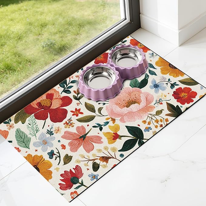 Pet Dog Cat Food Mat - Hamdwerk Absorbent Dog Bowl Mats for Food and Water, Anti Slip Cat Bowl Feeding Placemat for Floors, Quick Dry Diatomite Pet Dish Matts Supplies, Floral Style, 17 * 30in