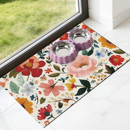Pet Dog Cat Food Mat - Hamdwerk Absorbent Dog Bowl Mats for Food and Water, Anti Slip Cat Bowl Feeding Placemat for Floors, Quick Dry Diatomite Pet Dish Matts Supplies, Floral Style, 17 * 30in