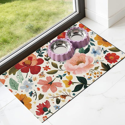Pet Dog Cat Food Mat - Hamdwerk Absorbent Dog Bowl Mats for Food and Water, Anti Slip Cat Bowl Feeding Placemat for Floors, Quick Dry Diatomite Pet Dish Matts Supplies, Floral Style, 17 * 30in