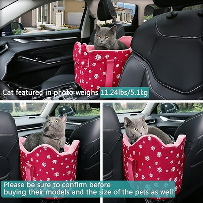 Cullaby Center Console Dog Car Seat for Small Dogs Under 15 lbs - Detachable Washable Carrier with Safety Belt & Storage Pockets, Pink