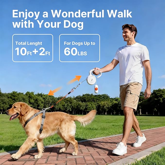 10Ft Auto-Brake Retractable Dog Leash with Chew-Proof Steel Cable, 360° Tangle-Free, Shock Absorbing, Built-in Poop Bag Dispenser, Ergonomic Comfort Grip Handle for Small Medium Dogs Up to 60lbs