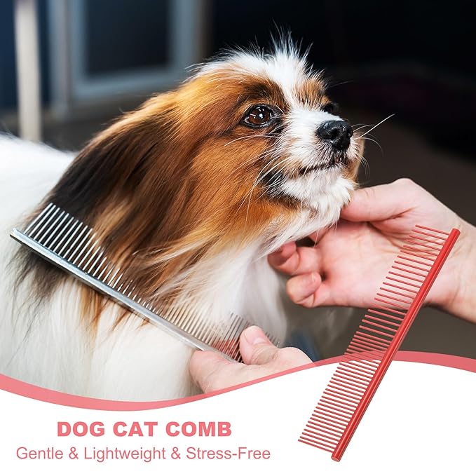 Dog Cat Comb, Pet Combs Stainless Steel Teeth with Rounded Ends for Knots Mats Loose Hair Removal, 6.5IN (Red Coated, 3 Pack), Grooming Tool Intended for Long Curly Hair Pet