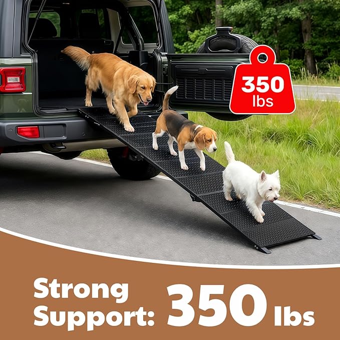 71" Extra Long Dog Ramp for Large Dogs, Heavy Duty Metal Frame Pet Ramp for High SUVs, Trucks and Cars, Portable Folding Travel Dog Ramps with Safety Latch, Supports up to 350lbs