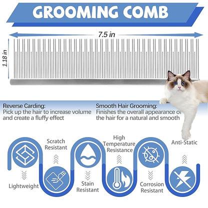 Professional 7.5 In Dual Tooth Pet Grooming Comb for Long-Haired Cats and Dogs, Metal Dematting Tool for Tangles, Knots, Undercoat and Excess Hair, Rounded Corners for Safe Deshedding and Detangling