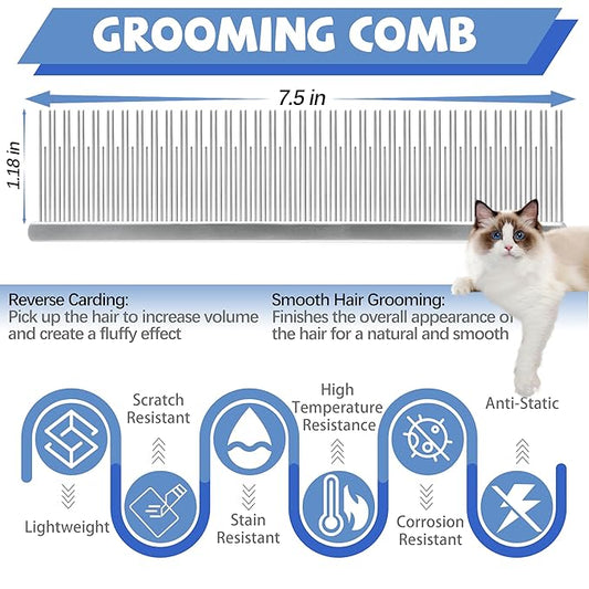 Professional 7.5 In Dual Tooth Pet Grooming Comb for Long-Haired Cats and Dogs, Metal Dematting Tool for Tangles, Knots, Undercoat and Excess Hair, Rounded Corners for Safe Deshedding and Detangling