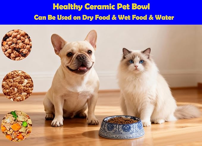 Aimusego Blue and White Flower Pattern Ceramic Dog Food Dish for Small Medium Dogs and Cat,Heavy Non-Slip Porcelain Pet Bowl for Food and Water -6.7inch