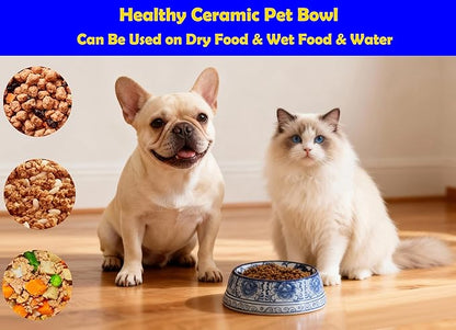 Aimusego Blue and White Flower Pattern Ceramic Dog Food Dish for Small Medium Dogs and Cat,Heavy Non-Slip Porcelain Pet Bowl for Food and Water -6.7inch