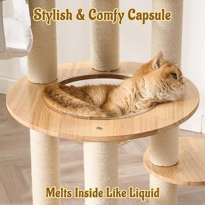 Modern Cat Tree Tower with Scratching Post, 61.5in Tall Cat Tree for Indoor Cats, Multi-Level Solid Wood Cat Furniture with Cozy Cat Beds, Condo, Hammock, Capsule Nest, Turntable Toy, Natural