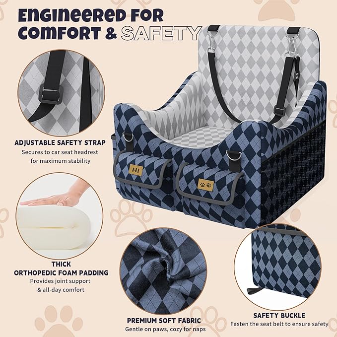 Dog Car Seat for Small/Medium Dogs up to 35lbs, 4-Pocket Storage Memory Foam Dog Booster Seat, Detachable Washable Pet Car Seat with Safety Belt, Outdoor & Indoor Use (Blue/Grey)