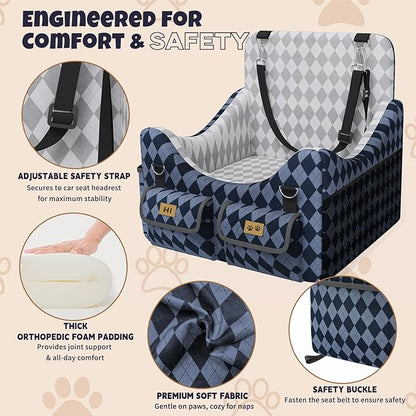 Dog Car Seat for Small/Medium Dogs up to 35lbs, 4-Pocket Storage Memory Foam Dog Booster Seat, Detachable Washable Pet Car Seat with Safety Belt, Outdoor & Indoor Use (Blue/Grey)