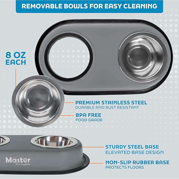 Master Pet Supply Double Dog Bowls Set with Elevated Base and 2 (8 oz) Stainless Steel Removable Dishes (Graphite) – Double Cat Food Water Bowl, Dog Puppy Food Bowl Set, Rust Resistant
