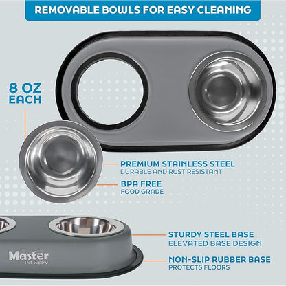 Master Pet Supply Double Dog Bowls Set with Elevated Base and 2 (8 oz) Stainless Steel Removable Dishes (Graphite) – Double Cat Food Water Bowl, Dog Puppy Food Bowl Set, Rust Resistant