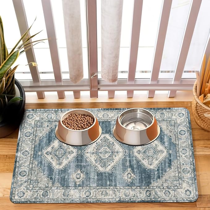 Pet Dog Cat Food Mat, Non Slip Bowl Mats for Food and Water, Absorbent Boho Dogs Cat Feeding Mat Puppy Pet Placemats for Floors Indoor Pets Accessories Supplies 17 * 30 inch, Retro Blue
