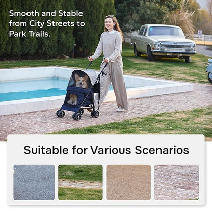Lightweight 10 lbs Foldable Pet Stroller for Small Dogs & Cats, Easy-Fold Compact, with Adjustable Sun Canopy, Cup Holder, Breathable Mesh, Pad & Storage Bag, Holds 33 lbs, Blue Gray