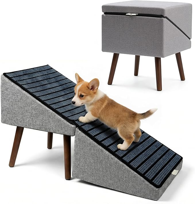 Dog Ramp for Bed and Couch,Wooden Foldable Dog Ramp,17 Inch Working Height, Non-Slip Ramp with Replaceable Carpet for Small Senior Dogs, Furniture Ramp Protect Joints(Gray XL 17" H)