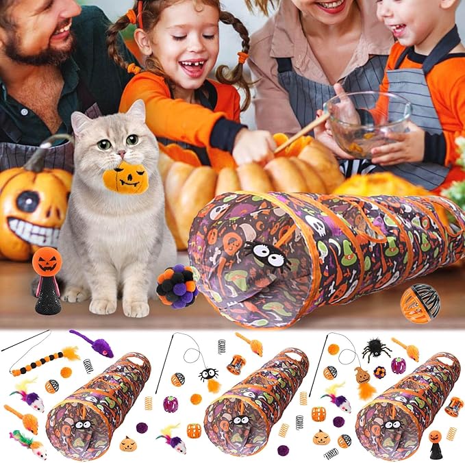 Halloween Cat Tunnel with Toys Set, Gothic Interactive Kitten Toy for Indoor Cats Kitty, Kitten Tube Tent, Feather Wand Teaser Bell Fuzzy Ball Springs Mouse for Small Animals (A, 23.3X15X112.3CM)