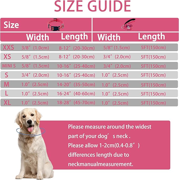 Reflective Dog Collar with Safety Locking Buckle, Adjustable Soft Breathable Nylon Collars for Small, Medium and Large Dogs(Collar+Leash XS Width 5/8" Hotpink)