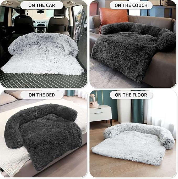 Calming Dog Bed Fluffy Plush Dog Mat for Furniture Protector with Removable Washable Cover for Large Medium Small Dogs and Cats (Small(35x31x5), Light Grey)