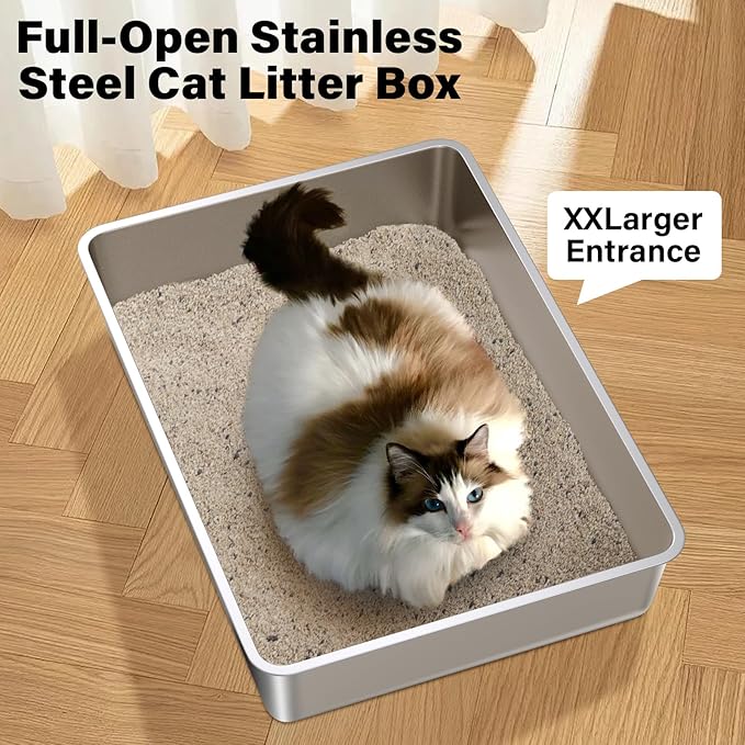 Stainless Steel Litter Box, 28" X 20" X 6" Steel Litter Box XXXL No Smell, Extra Large Metal Litterbox for Big Cat, Multiple Cats, Non Stick, Easy Cleaning