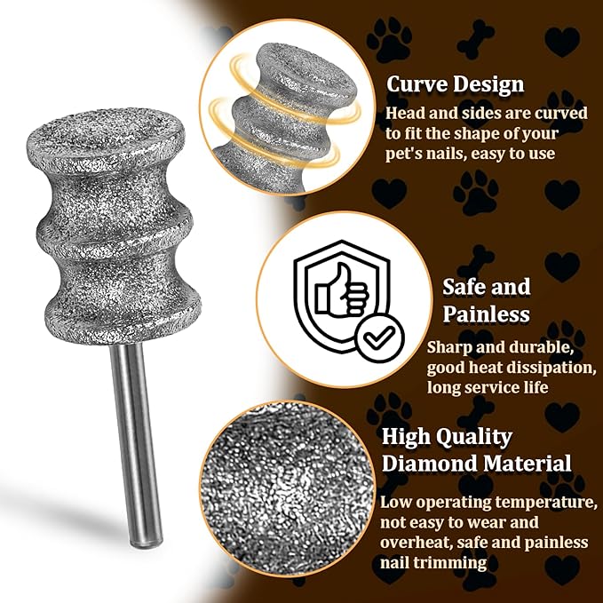 Diamond Rotary Nail Grinder Bits 1/8" Pet Toenail Grinder Attachment Dog Claw Grinder Replacement Heads Nail File Wheel for Medium Large Dogs Nail Care Clippers Trimming Parts
