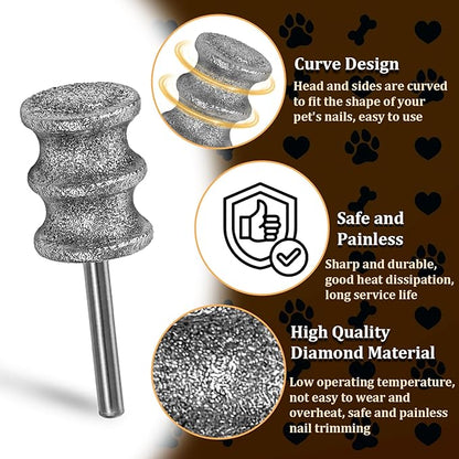 Diamond Rotary Nail Grinder Bits 1/8" Pet Toenail Grinder Attachment Dog Claw Grinder Replacement Heads Nail File Wheel for Medium Large Dogs Nail Care Clippers Trimming Parts