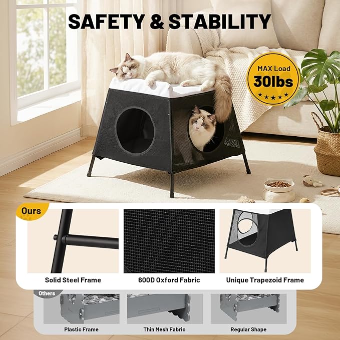 Elevated Cat Bed with Cat Hammock, 2-Story Indoor Cat House with Cave & Washable Cover, Multi-Cat Furniture