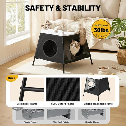 Elevated Cat Bed with Cat Hammock, 2-Story Indoor Cat House with Cave & Washable Cover, Multi-Cat Furniture