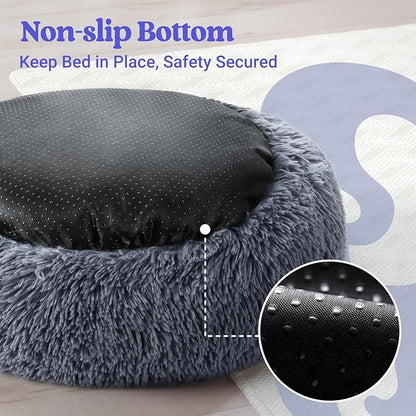 rabbitgoo Dog Bed for Small, 24 inches Machine Washable, Fluffy Donut Pet Bed Anti-Slip, Calming Soft Plush Round Cushion, Fits up to 18 lbs Pets, Dark Grey