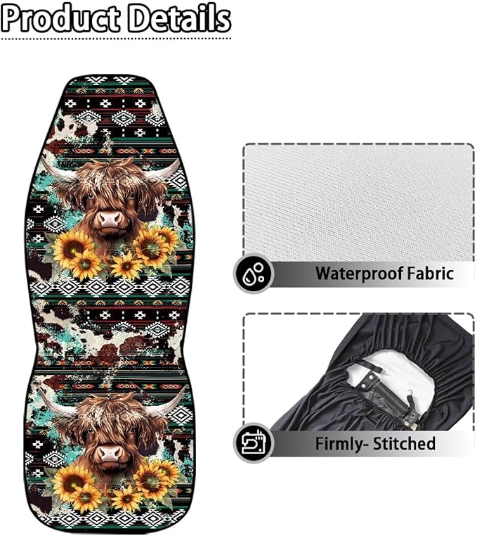 Car Seat Covers Waterproof Vintage Aztec Highland Cow Front Seat Covers Elastic Fabrics Easy Installation Protection Interior Accessories Suitable for Cars, SUV and Trucks