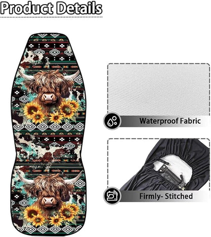 Car Seat Covers Waterproof Vintage Aztec Highland Cow Front Seat Covers Elastic Fabrics Easy Installation Protection Interior Accessories Suitable for Cars, SUV and Trucks