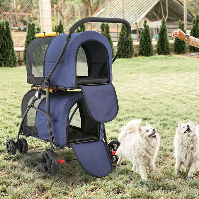 MoNiBloom Double Dog Stroller with Detachable Carrier Bags Large 4 Wheels Foldable Jogger for Small and Medium Dog Cats, Navy Blue/Yellow
