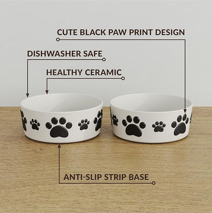 Ceramic Dog Bowls for Small Size Dog - 5'' Round × 2 Tall Dog Food Bowl & Water Bowl Set of 2 - Small Dog Bowls with Anti-Slip Rings - 2 Cups Food and Water Bowls for Dogs and Cats