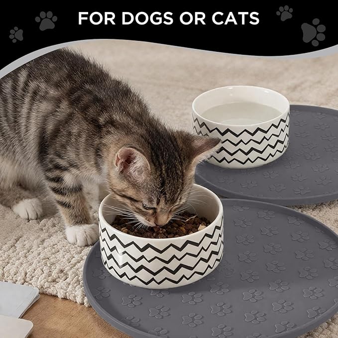 Comtim Waterproof Dog Food Mat - 2 Pack Silicone Pet Food Mat Dog Food Bowl Mats Cat Water Mats Eating Tray, Non-Slip Pet Placemat with Lip for Messy Drinkers to Protect Floor,Dark Grey 11"×11"